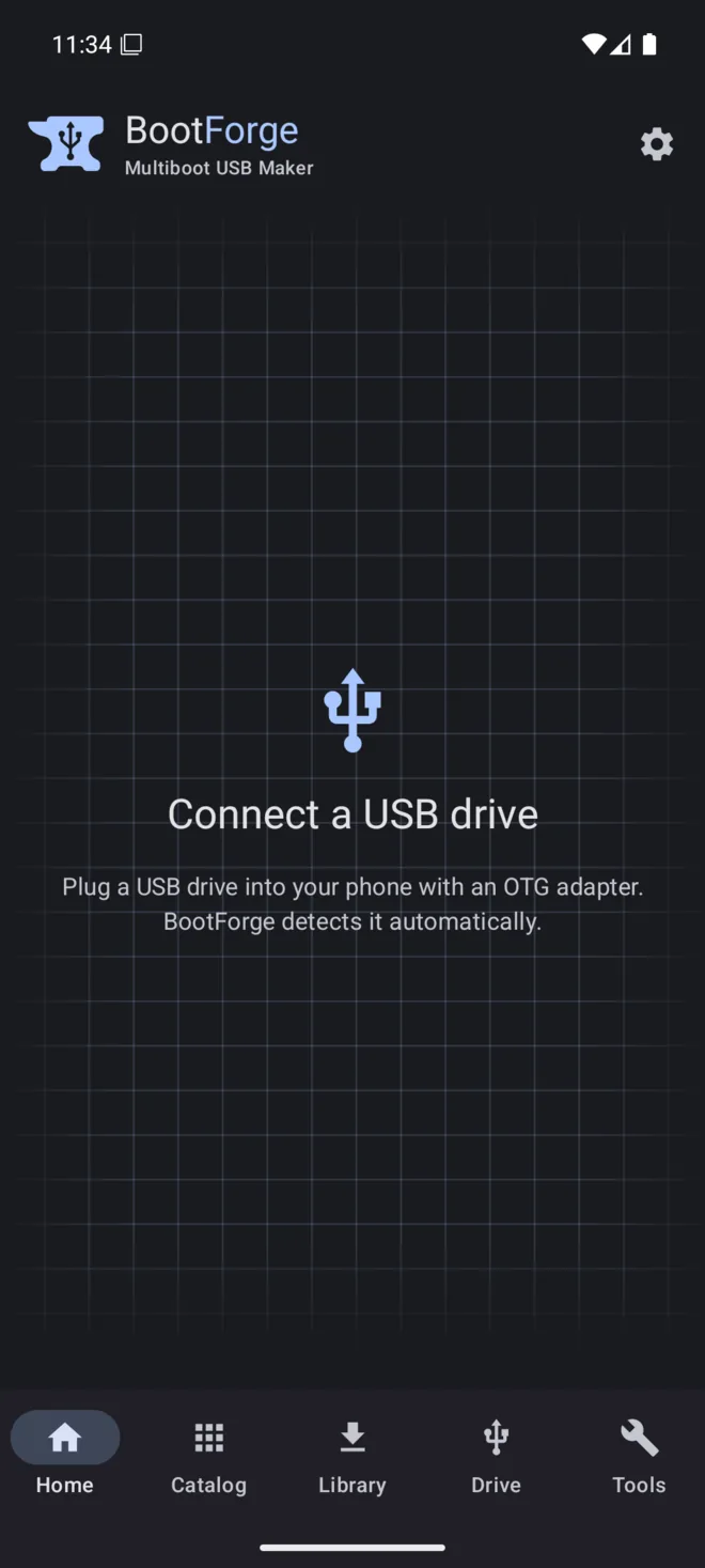 The BootForge home screen with quick actions for preparing a drive.