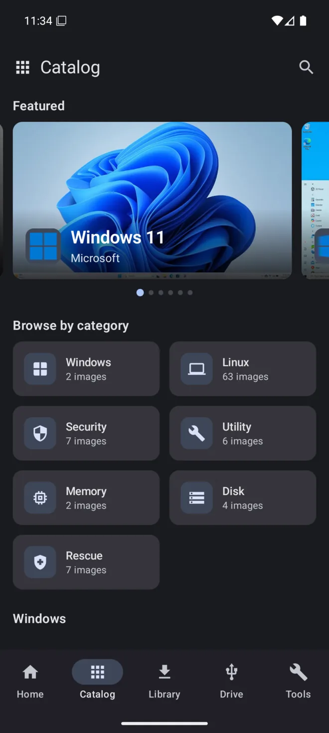 The catalog screen listing Linux, rescue, and disk-tool boot images.