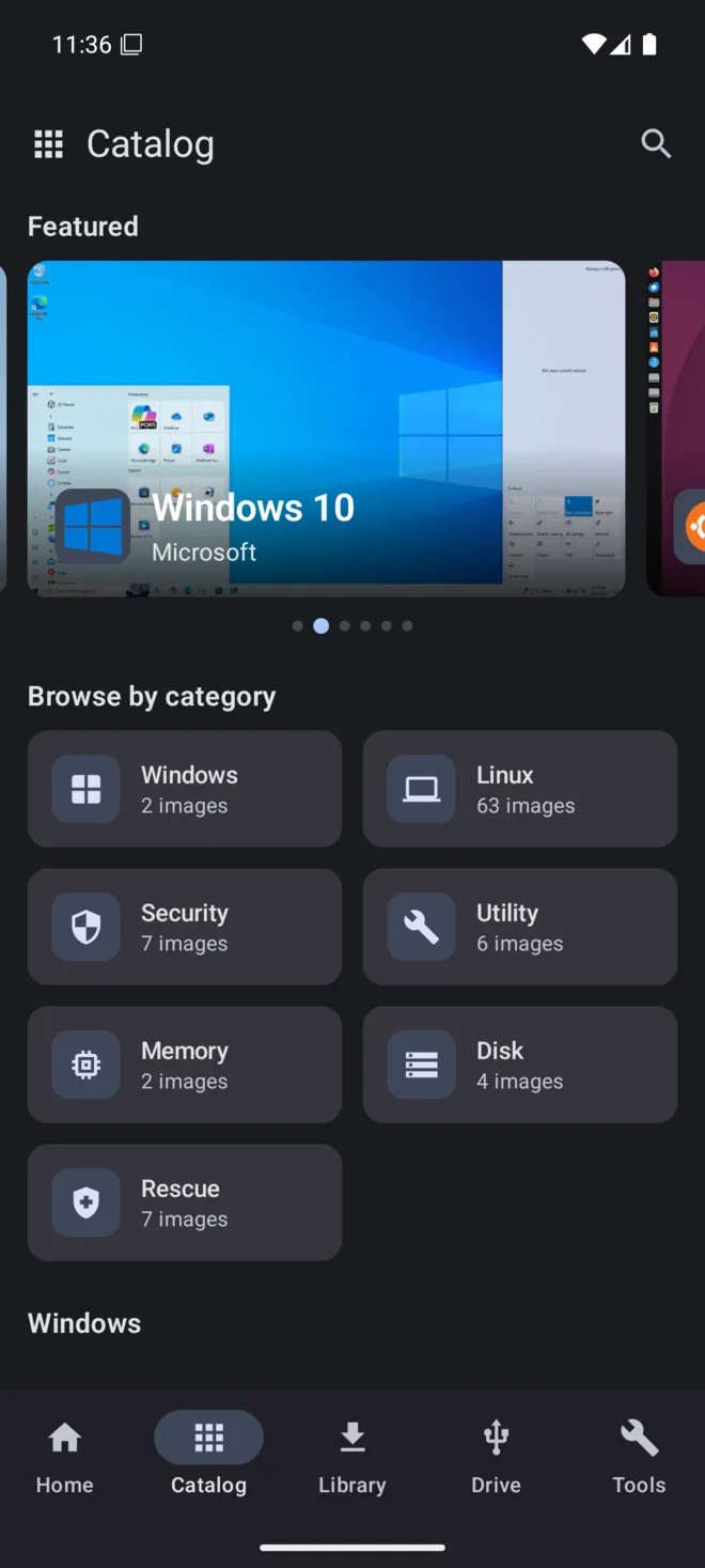 A catalog image detail screen with source link and checksum info.