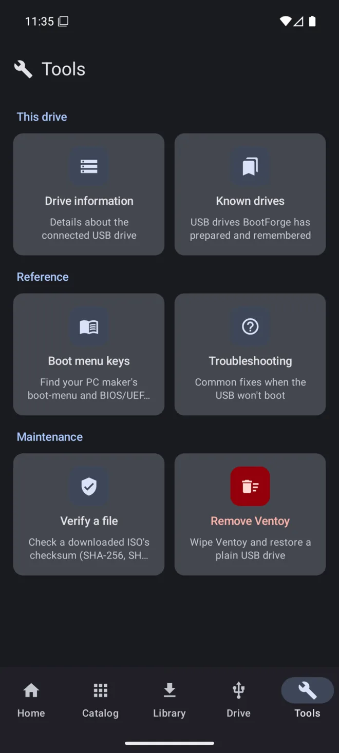 The tools screen with disk, rescue, and security boot utilities.